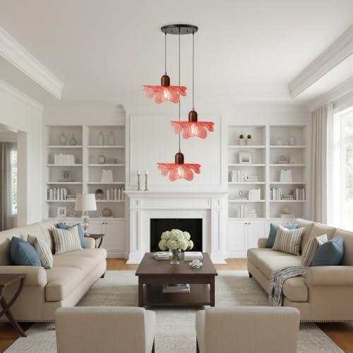 3 Light Red Glass Pendant Light Mid Century Modern Chandelier Adjustable Hanging Ceiling Light Fixture E26 Base for Bedroom Entryway Kitchen Island Dining Room - color: Red, 3 Light