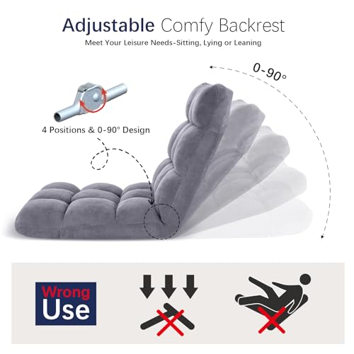 Folding Floor Chair 14-Position Cushioned Adjustable Floor Lazy Sofa Chair w/Breathable Cotton & Skin-Friendly Coral Velve for Adults & Kids Ideal for Reading Meditating，Grey - color: Grey
