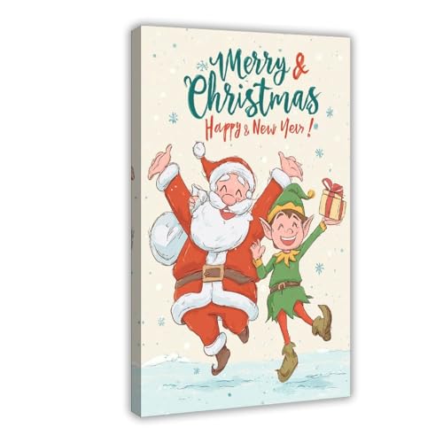 JDBeehpy Merry Christmas & Happy New Year Wall Art Poster Santa Claus and Elf Frame Canvas Print Painting Lively Cheerful Home Decor Mural 12x18inch(30x45cm) - color: Elf Frame, size: 18L" x 12W"