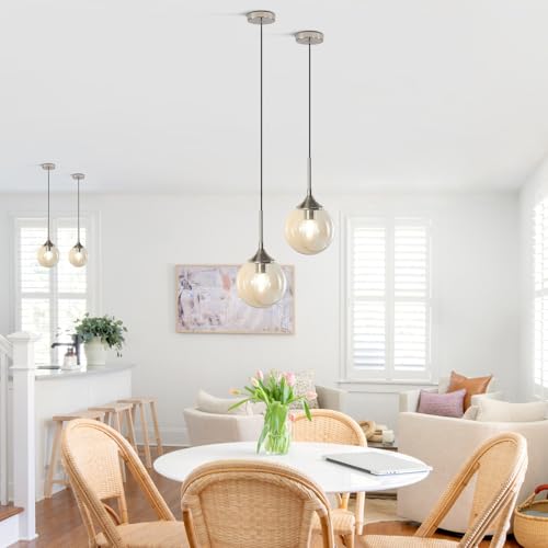 KCO Lighting 7.1" Amber Glass Pendant Light Brushed Nickel Pendant Lighting Modern Globe Pendant Light Mid Century Hanging Light Small Pendant Lights for Kitchen - color: Silver+Amber