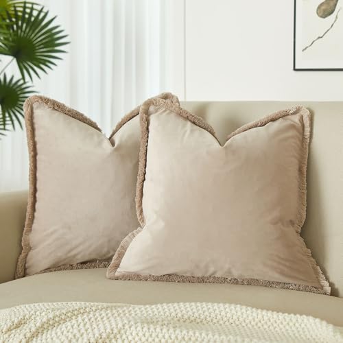 JUSPURBET Pack of 2 Champagne Decorative Fringe Velvet Throw Pillow Covers 18x18 for Home Decor Living Room Bedroom Car Boho Soft Cushion Cover with Hidden Zipper Machine Washable - color: Champagne, size: 18" x 18" (Pack of 2)