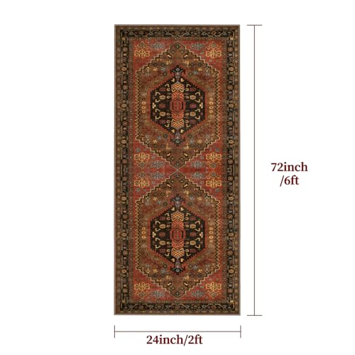 Ciicool Washable Non Slip Runner Rug, 2x6ft Hallway Rug Vintage Kitchen Rugs Red Carpet for Entrance Bedroom Bedside Living Room Kitchen Laundry Bathroom Decor - color: Red/Gold, size: 2' X 6' (Runner)