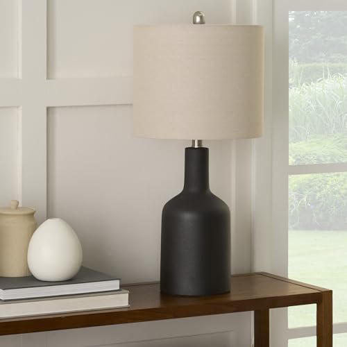 Nourison Home 22" Black Ceramic Table Lamp with Oatmeal Linen Shade for Modern Farmhouse, Bedside Lamp, Living Room Lamp, Small Accent Lamp for Dining Room - color: Black