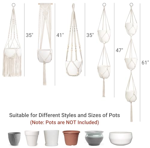 Mkono Macrame Plant Hangers, 5 Pack Different Tiers Indoor Hanging Planters Basket with 5 Hooks Decorative Flower Pots Holder Stand Boho Home Decor, Ivory - color: Ivory