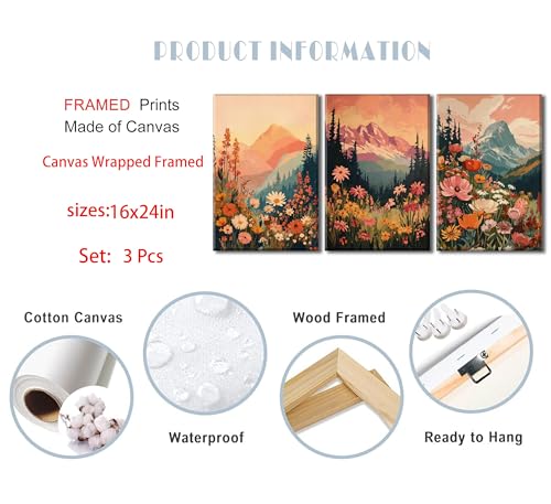 3Pcs Boho Mountain Canvas Wall Art Vintage Wildflower Mountains Poster Prints Abstract Nature Sunset Landscape Picture Botanical Paintings Artwork Wall Decor for Living Room Bedroom 16x24in Framed - color: Boho, size: 24"L x 16"W