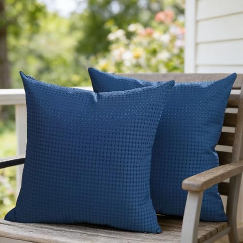 DFXSZ Outdoor Pillow Covers 20X20 Inch Set of 2 Dark Blue Waffle Textured Polyester Pillow Covers Spring Summer Outdoor Waterproof Decor for Patio Funiture Garden 025A20 - color: Dark Blue, size: 20" x 20" (Pack of 2)