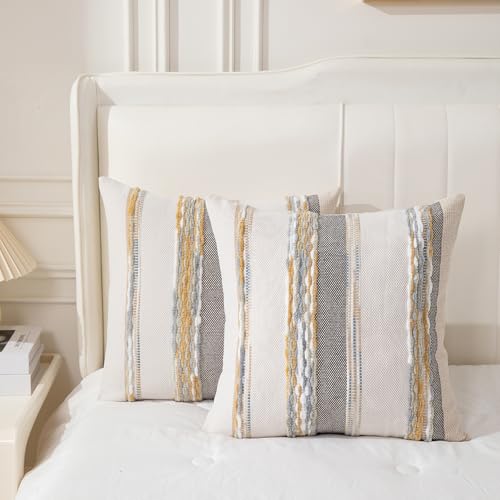 Boho Pillow Covers 18x18 Set of 2 for Couch-Modern Farmhouse Sofa Decorative Throw Pillow Covers Textured Chenille Cushion Covers Outdoor Netural Bohemian Pillow Cases Square - color: Orange-gray Stripe