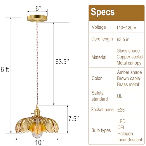 Hardwired Pendant Light Fixture, Hanging Light Fixture, Glass Shade Pendant Light with Rotary Switch, Modern Lamp for Kitchen Island, Bedroom, Dining Room, Living Room (Amber, 6 Ft Cord) - color: Amber, size: 6 ft