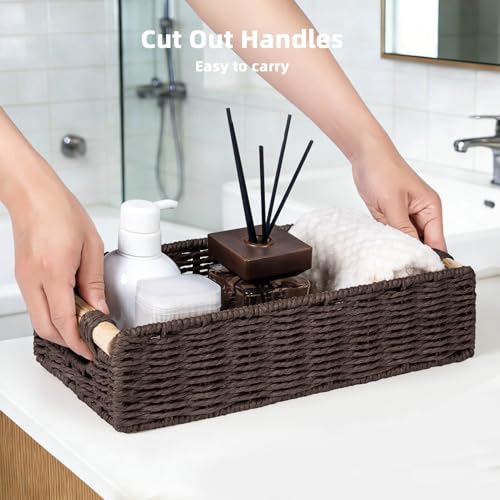 CubesLand Back of Toilet Storage Basket for Organizing w/Cut Out Handle, Handwoven Toilet Tank Top Paper Baskets, Small Wicker Decorative Basket for Countertop, Home, Living Room, Nursery, Brown - color: Brown, size: S-12.99" (L) X 6.29" (W) X 3.15" (H)