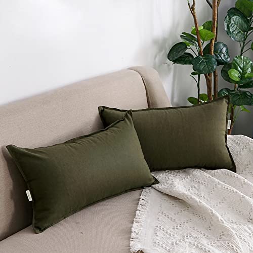 Jeanerlor Cotton Linen Square Decorative Throw Pillow Case Cushion Cover with Twin Needles Stitch on Edge, 12"x20"(30 x 50cm), 2 Pcs, Olive Green - color: Olive Green, size: 20" x 12" (Pack of 2)