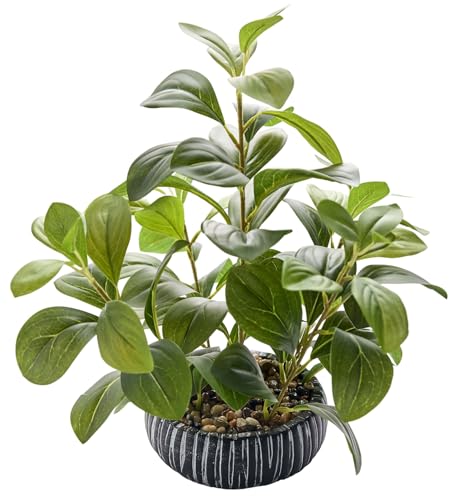 14" Artificial Broad Leaf Potted Plant in Black and White Ceramic Bowl Planter Lifelike Two-Tone Leaves Small Tabletop Fake Plant for Desk Bathroom Shelf Decor - color: Ficus