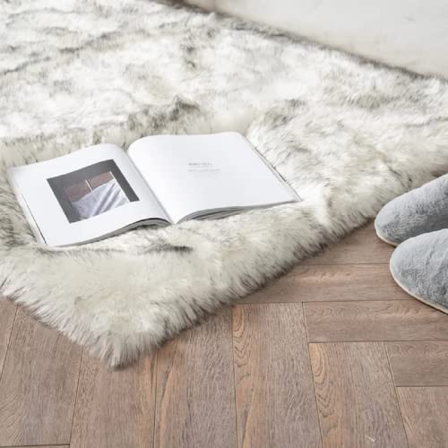 ORINOVA White and Grey Faux Fuzzy Fur Sheepskin Washable Area Rugs for Living Room 2x3 Boho Shag Nursery Rug Cute Home Décor - color: White With Grey Tips, size: 2' x 3' (Rectangular)