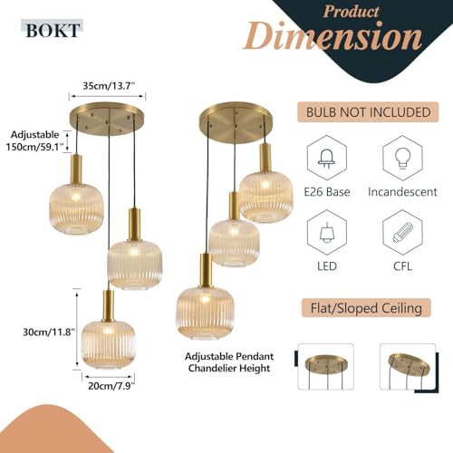 BOKT Gold Cluster Globe Glass Ceiling Chandelier 3-Light Amber Hanging Pendant Light Brushed Brass Dining Room Chandelier Stair Adjustable Hanging Light Fixture for Corridor Entryway - color: Amber 3-Light