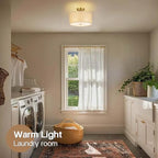 13" Boho Woven Rattan Ceiling Light Fixture, 3-Light Semi Flush Mount Modern Drum Lamp with Beige Fabric Shade, Rustic Lighting for Bedroom, Living Room, Dining Room, Hallway and Entryway - color: Warm Beige