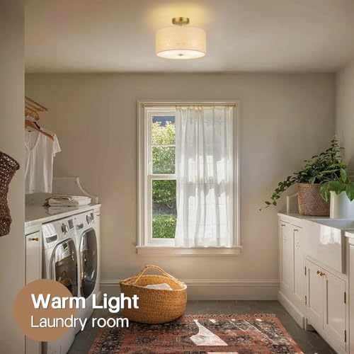 13" Boho Woven Rattan Ceiling Light Fixture, 3-Light Semi Flush Mount Modern Drum Lamp with Beige Fabric Shade, Rustic Lighting for Bedroom, Living Room, Dining Room, Hallway and Entryway - color: Warm Beige