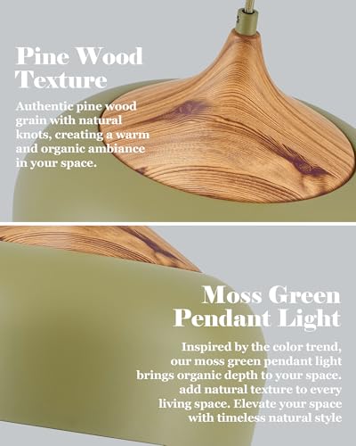 ELYONA Vintage Pendant Light Fixtures with Faux Pine Wood Grain, 12 Inch Adjustable Hanging Light Moss Green Metal Shade, Mid Century Modern Japandi Pendant Lamp for Kitchen Island Dining Room Bedroom - color: Moss Green