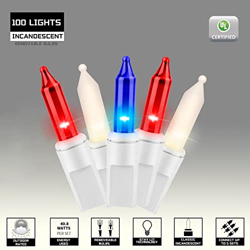 100LIGHTS RED White and Blue Extra-Bright with End Connectors 4th July Decoration Patriotic Mini String Lights 5.98m UL Certified Waterproof for Home Garden Holiday Tree Party Patio - color: White Wire Red&White&Blue, size: 100 COUNT-1PACK