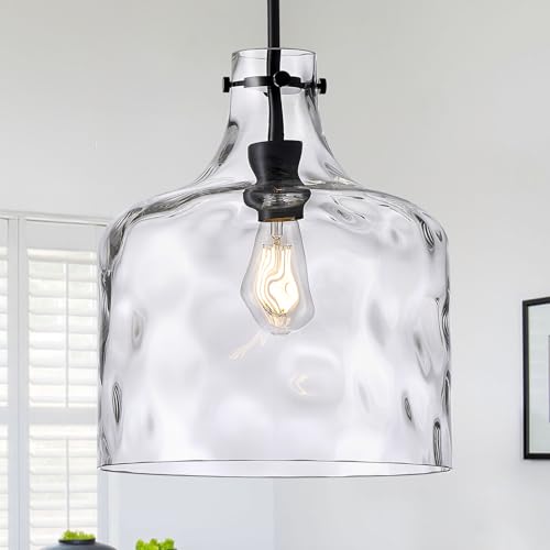 12" Farmhouse Pendant Light, Hand-Blown Clear Hammered Glass Hanging Ceiling Light Fixture with Black Finish and Adjustable Chain, Modern Rustic Lighting for Kitchen Island, Dining Room, E26 Socket - color: Chain Black