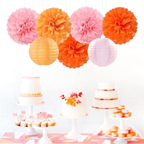 Pink-Orange Groovy Party-Decorations Paper-Flowers Lanterns - 15PCS Baby Shower Tissue Pom Poms Streamers, Fall Wedding Boho Birthday Bridal Bachelorette Sunset Hanging Supplies Decor Hugfond - color: Orange Pink