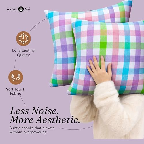 Native Fab Checkered Pillow Covers 2 Pack, 20x20 Inches, 100% Cotton, Buffalo Plaid, Rustic Cushion Cases, Great for Farmhouse Easter, Spring Home Decor, Living Room, Sofa, Counch, Easter Checks - color: Gingham Pastel, size: 20" x 20" (Pack of 2)
