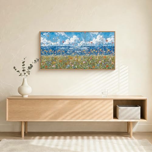 BICERE Large Blue Seaside Wildflower Framed Canvas Wall Art,Modern Nature Ocean Wall Decor,Rustic Sky Printing,White Cloud Landscape Artwork for Living Room,Bedroom,Dining Room-20"x40"x1 - color: Seaside Flowers Wall Art, size: 40"L x 20"W