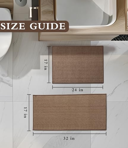 YIHOUSE Bathroom Rugs Sets 2 Pieces, Coffee Ultra Thin Bath Mats Fit Under Door, Absorbent Quickly Dry Rubber Backing Braided Bath Mat Set, Non Slip Washable Bath Rugs Mat for Bathroom Floor, Coffee - color: Coffee, size: 2pieces
