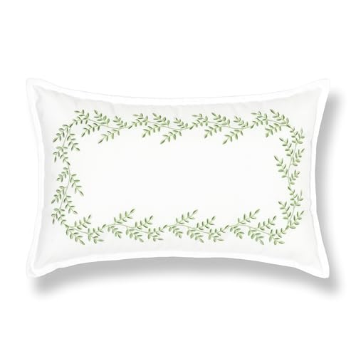 Hofdeco Premium Grandmillennial Patio Indoor Outdoor Lumbar Pillow Cover Only, 12"x20" Water Repellent for Backyard, Couch, Poolside, Grass Green Embroidered Leaves Frame - color: Grass Green Leaves Frame 12"x20"