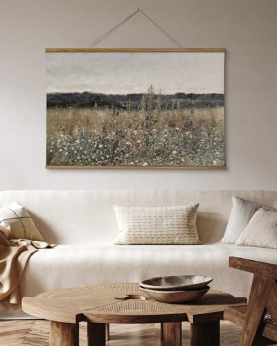 ARPEOTCY Extra Large Vintage Framed Wall Art, 36x54 Inch Flower Meadow Landscape Hanging Framed Wall Art Decor for Living Room Bedroom, Canvas Prints, Retro Scenery Pictures Above of Bed - color: Flower Field
