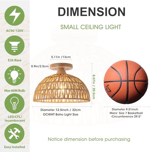 2 Packs Boho Light Rattan Chandelier Ceiling Lighting Fixtures,Boho Lamp Shade Flush Mount Ceiling Light Hand-Woven Small Chandelier for Hallway Bedroom Kitchen Nursery Lights - color: Brown-Ceiling light (2 sets)