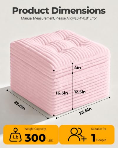 23.6in Pouf Ottoman, Corduroy Ottoman Foot Rest with Dual‑Layer Support, Large Poofy Pouf with Soft Chunk‑Foam Top & Firm Foam Base, Floor Foot Stool for Living Room, Pink - color: Pink