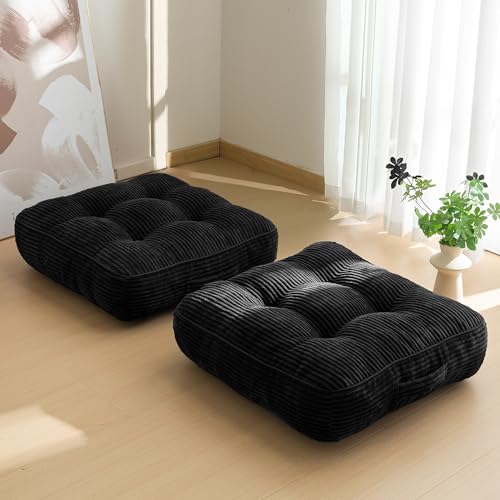 HIGOGOGO 6" Extra Thick Floor Pillow Cushion for Adults, Meditation Cushion Pillow, Large Square Floor Sitting, Tufted Corduroy Cover, for Tatami Living Room or Yoga, 22x22 Inch, 2Pack, Black - color: Square Black, size: 6" Thick(Pack of 2)