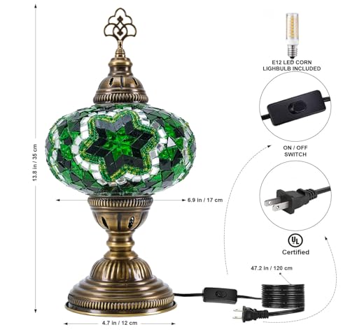Turkish Lamp, Mosaic Table Lamp, Antique Moroccan Decorative Glass Bohemian Vintage Lamp Shade, Small Desk Tiffany Bedside Stained Glass Lamp with US Plug and E12 Socket - color: Green-9