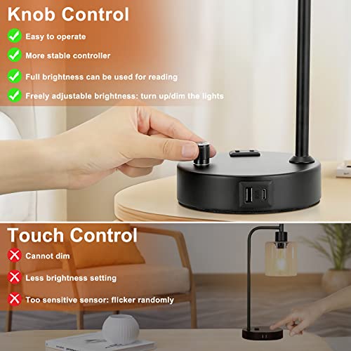Industrial Bedside Lamps for Nightstand Set of 2 - Fully Dimmable Bedroom Lamps with USB A C Ports and Outlet, Black Table Lamps with Amber Glass Shade for Living Room, Desk Lamps for Office Reading - color: Amber