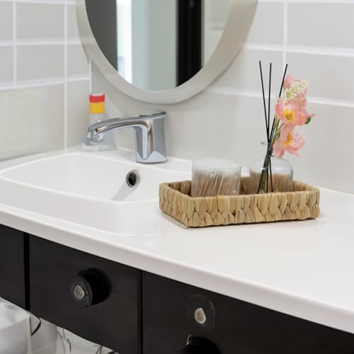 Bathroom Tray Countertop, 10 Inch Water Hyacinth Bathroom Basket, Toilet Tank Bathroom Vanity Tray, Rattan Wicker Tray for Bathroom Decor Coffee Table (Small) - size: 10.1" x 6" x 2"