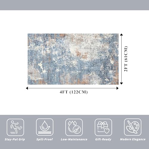 2x4 Runner Rug Washable Non-Slip – Small Throw Rug for Kitchen Floor, Bedroom, Entryway, Bathroom, Bedside – Modern Abstract Neutral Low-Pile Thin Indoor Door Mat（Blue Rust,2x4） - color: Blue Rust, size: 2' x 4' (Rectangular)