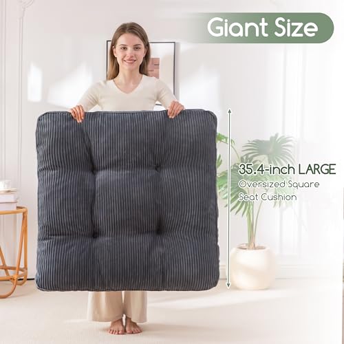 HIGOGOGO 35" Floor Pillow Cushion for Adults, Meditation Cushion Pillow, Extra Large Square Floor Sitting, Tufted Corduroy Cover for Tatami Living Room or Yoga, Dark Grey - color: Dark Grey, size: 4" Thick Square