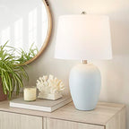 Nourison Home 23" Coastal Blue Ceramic Pot Table Lamp for Bedroom, Living Room, Dining Entryway, with White Shade - color: Light Blue, size: 1 Lamp - Drum Shade