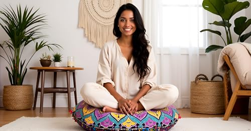 CRAFT KALA 32" in Round Mandala Floor Pillow Cushion Cover Seating Throw Cover Hippie Decorative Bohemian Ottoman Poufs Pillow Cover Cases Boho Cotton Living Yoga Home Décor (New Pink Ombre) - color: New Pink Ombre