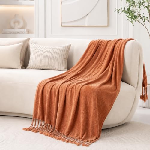BATTILO HOME Caramel Chenille Throw Blanket for Couch, Soft Cozy Knitted Throw with Tassels, Lightweight Orange Rust Blanket for Fall Decor Bed Sofa Living Room, 50"x60" - color: Caramel