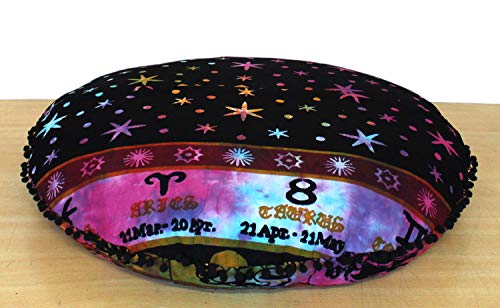 CRAFT KALA Mandala Floor Pillow Cushion Cover Seating Throw Cover Hippie Decorative Bohemian Ottoman Poufs Pom Pom Pillow Cases Boho Indian Cotton Living Room Yoga Home Décor (24" Round, Multi Zodiac) - color: Multi Zodiac, size: 24" x 24" (Pack of 1)