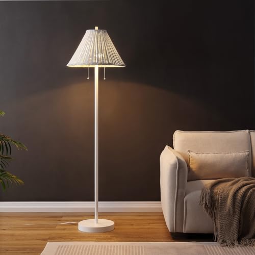 JONATHAN Y 61" White 2-Light Coastal Bohemian LED Floor Lamp for Living Room, Brown Rattan Shade, Mid-Century Modern Tall Standing Lamp, Pull-Chain, LED Bulbs Included (JYL3092B) - color: White