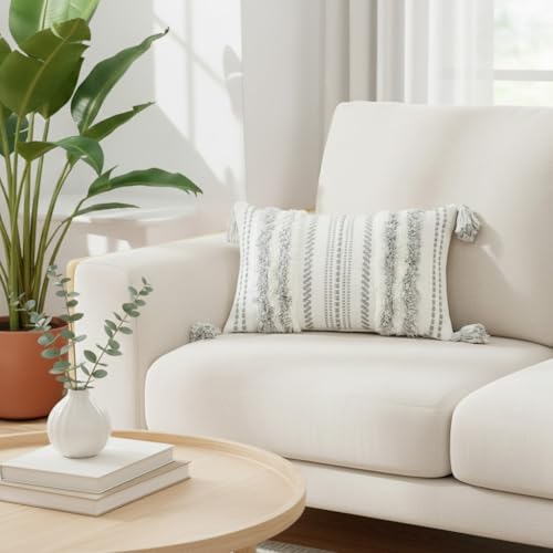 decorUhome Summer Decorative Boho Throw Pillow Covers 12x20 Set of 2, Lumbar Accent Neutral Textured Tufted Pillow Covers Striped for Couch Bed Sofa Living Room, Grey and Cream White - color: Grey and Cream White, size: 20" x 12" (Pack of 2)