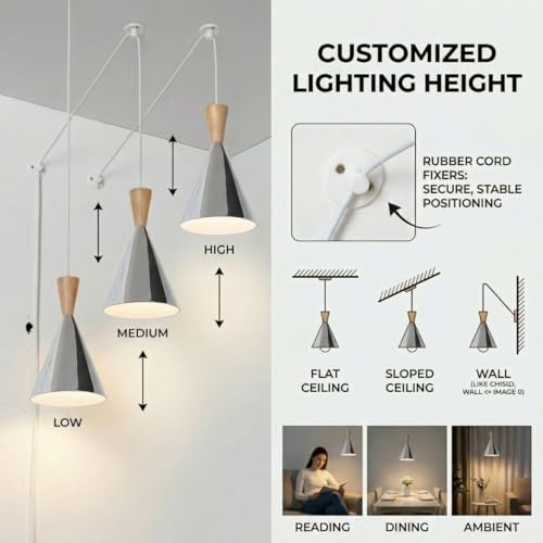 DEC LUCE DECOLUCE LIGHTING Modern Plug in Pendant Light Kitchen, Adjustable Hanging Lamps Plug into Wall Outlet for Dining Room, Bedroom, Living Room, Contemporary Wall Décor(Chrome) - size: funnel pendant light chrome