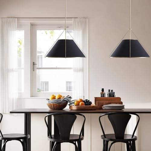 Natural Conical Black Linen Pendant Light for Kitchen Island, 24 Inch Modern Industrial Brass Metal Cage Ceiling Light with Adjustable Design, Elegant Light Fixture for Living Room, Dining Room