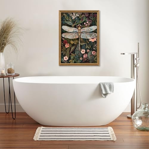 ICHZUMW William Morris Vintage Dragonfly Canvas Wall Art Framed, Green Botanical Wall Decor Pictures for Bedroom Living Room, Colorful Nature Painting Artwork Prints, Rustic Home Decorations, 16x24in - color: Dragonfly, size: 24"L x 16"W