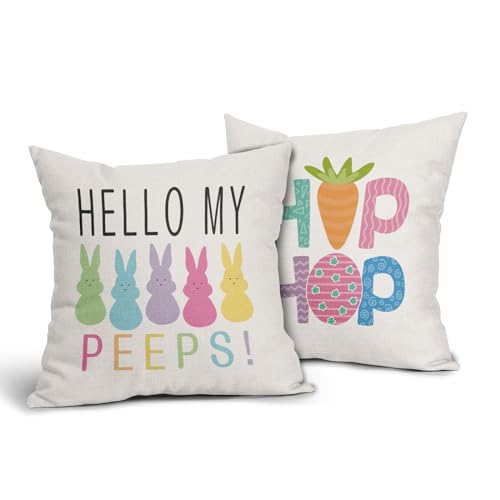 Easter Pillow Covers 16x16 Inches Hello My Peeps Hip Hop Throw Pillow Case Set of 2 Easter Bunny Pillow Cover Cotton Linen Spring Cushion Cover for Home Couch Sofa Bedroom Livingroom - color: Easter Rabbit231123, size: 16" x 16" (Pack of 2)