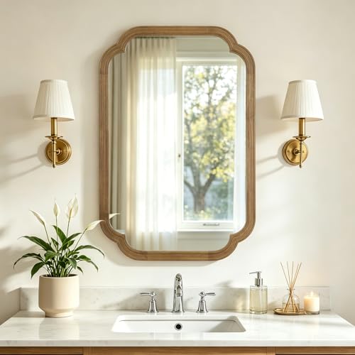 HOMECOOKIN Wood Bathroom Mirror for Wall Decor Arched Rounded Corner Rustic Wood Frame Wall Mirror Home Decorative for Vanity, Living Room, Bedroom, Entryway (20 x 30 inch, Natural) - color: Natural, size: 30"L x 20"W
