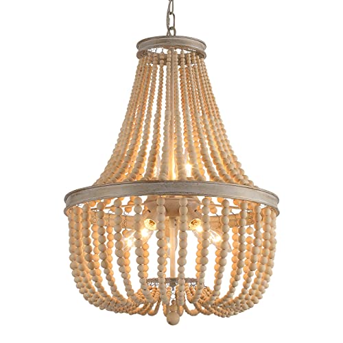 Q&S Farmhouse Wood Beaded Chandelier,Oak White 8-Lights Retro Vintage Antique Rustic Boho Pendant Light Fixture for Foyer Living Room Bedroom Kitchen Dining Room Office Nursery UL Listed - color: Original Wood