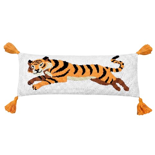 Beeveer Tiger Hooked Wool Pillow 8 x 22 Inch Tiger Fringe Lumbar Throw Decorative Animal Needlepoint Pillow with Zipper Embroidery Tufting Silver Thread for Home Couch Sofa Bedroom Living Room - color: Tiger, size: 8 x 22 Inch