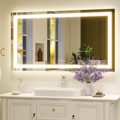 XRAMFY 48'' x 32'' LED Bathroom Mirror with Lights, Wall Mirror with Front and Backlight, 3 Colors Vanity Mirror with Lights, Anti-Fog Wall Mirror for Bathroom - size: 48"L x 32"W